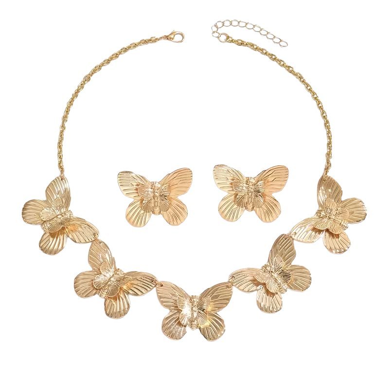 Zestaw Duży Naszyjnik i Kolczyki z Motylami Kolor Złoty