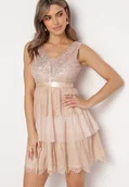 Sukienki - Beżowa Rozkloszowana Sukienka Mini z Tiulowym Dołem i Cekinami Uriella - miniaturka - grafika 1