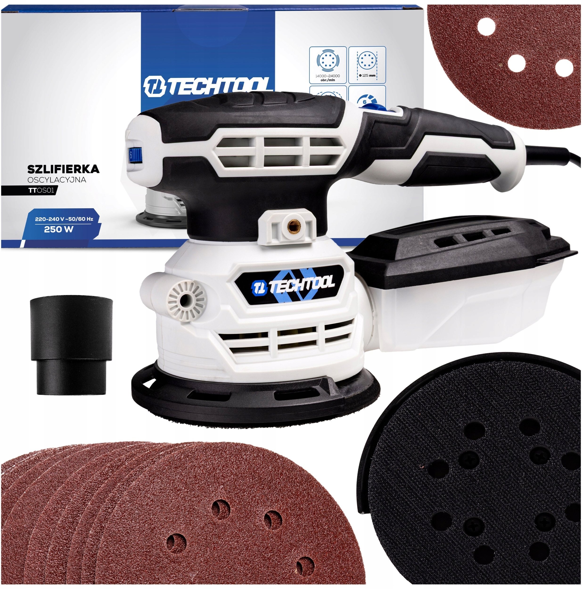 TechTool SZLIFIERKA OSCYLACYJNA MIMOŚRODOWA TTOS01 125MM + PAPIERY ŚCIERNE 10 SZT