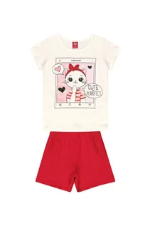 Dresy i komplety dla dziewczynek - Komplet dziewczęcy t-shirt z kotkiem i czerwone szorty - grafika 1
