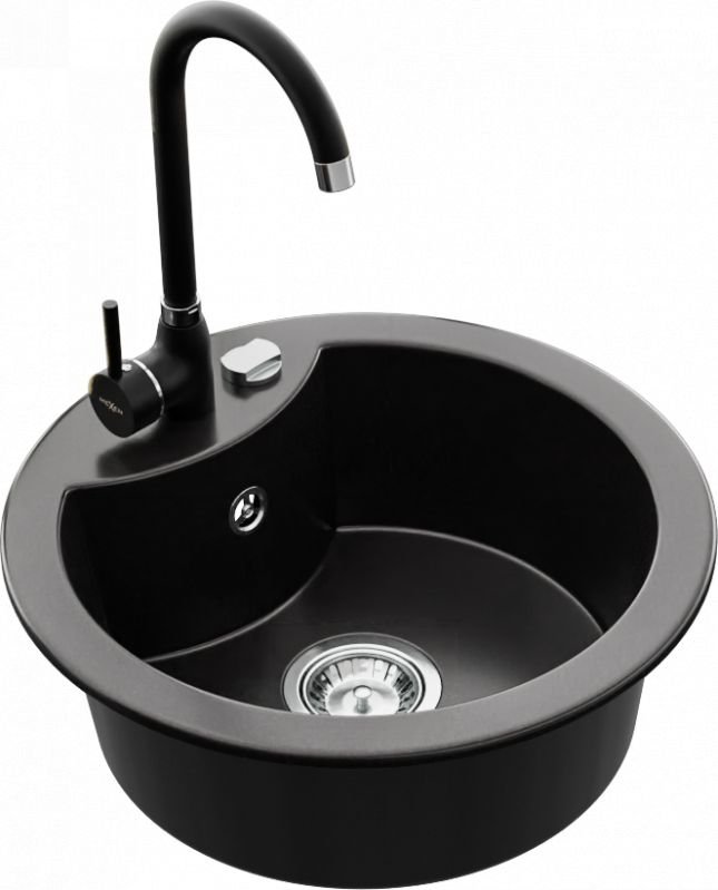 Mexen Zlewozmywak   Diego zlewozmywak granitowy 1-komorowy z baterią kuchenną Telma, czarny - 6512-77-670200-70