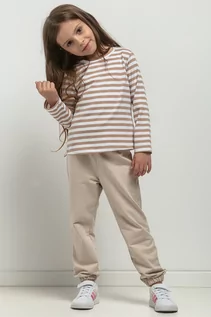 Bluzy dla dziewczynek - Bluzka z dzianiny dla dziewczynki, MMD44, biało - beżowe paski - grafika 1