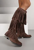 Kozaki damskie - Brązowe Kozaki w Stylu Boho z Frędzlami Funama - Renee - miniaturka - grafika 1