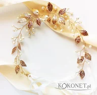 Ozdoby do włosów - KOKONET złoty WIANEK na ślub listki POZŁACANY perły BOHO - miniaturka - grafika 1