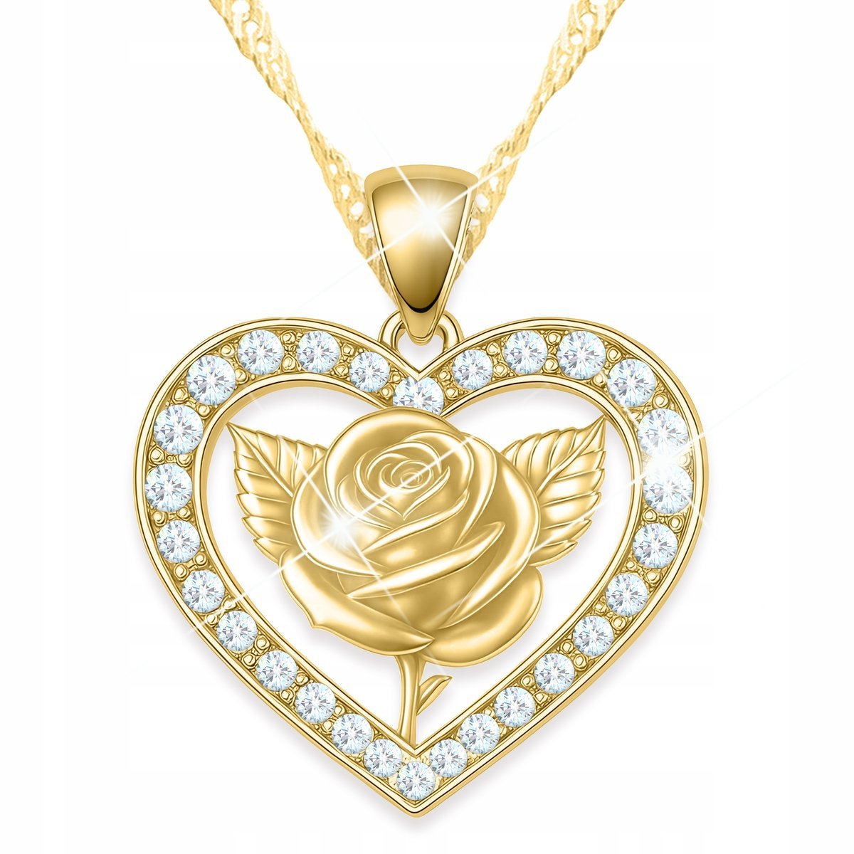 Złoty Naszyjnik Serduszko z Kryształkami Kwiat Życia Róża Rose SREBRO 925