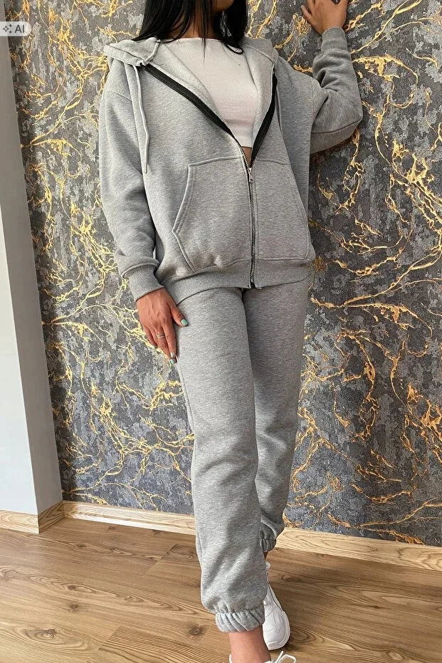 SZARY MELANŻOWY DRES KOMPLET OVERSIZE Z KAPTUREM M 5IA