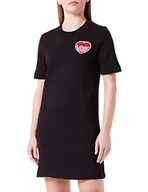 Sukienki - Love Moschino Damska sukienka z krótkim rękawem – Customized with Embroidered Love Storm Knit Effect Heart Patch Dress, czarny, 40 - miniaturka - grafika 1