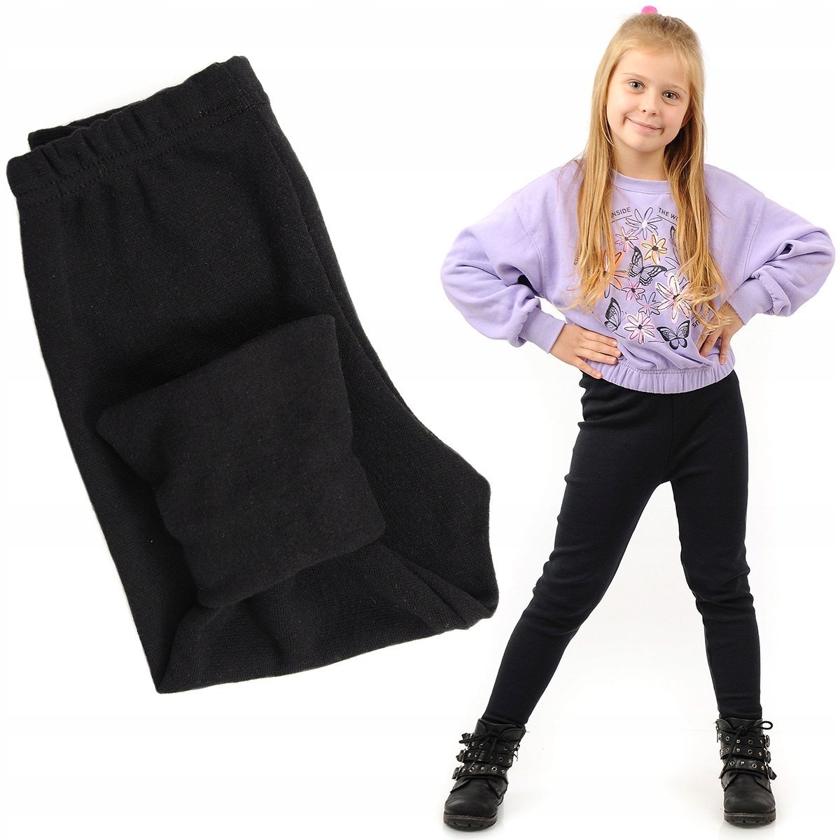 Ocieplane Legginsy dziecięce Polskie bawełniane klasyczne Getry Czarne 140