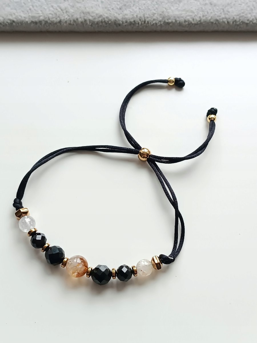 CZARNA BRANSOLETKA REGULOWANA CYTRYN CZARNY TURMALIN HEMATYT STAL STOPER