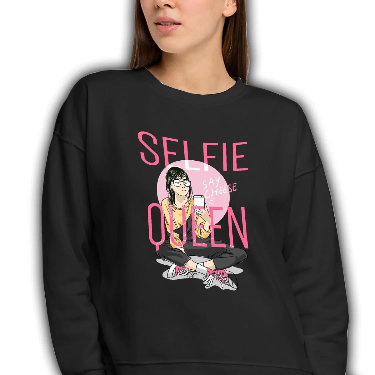 BLUZA CZARNA Dresowa Damska Na Prezent SELFIE QUEEN Kobiece Modne Wzory - M