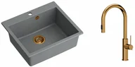 Zlewozmywaki z baterią - Quadron Zlewozmywak granitowy jednokomorowy 57*50*22 cm MORGAN 110 SILVER STONE z miedzianym odpływem z baterią JENNIFER Q LINE SLIM z wyciąganą wylewką i funkcją prysznica kolor miedziany - miniaturka - grafika 1
