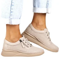 Półbuty damskie - DAMSKIE PÓŁBUTY SKÓRZANE NA KOTURNIE ZAPINANE NA ZAMEK I SZNUROWANE VINCEZA 79565 BEŻOWE - miniaturka - grafika 1