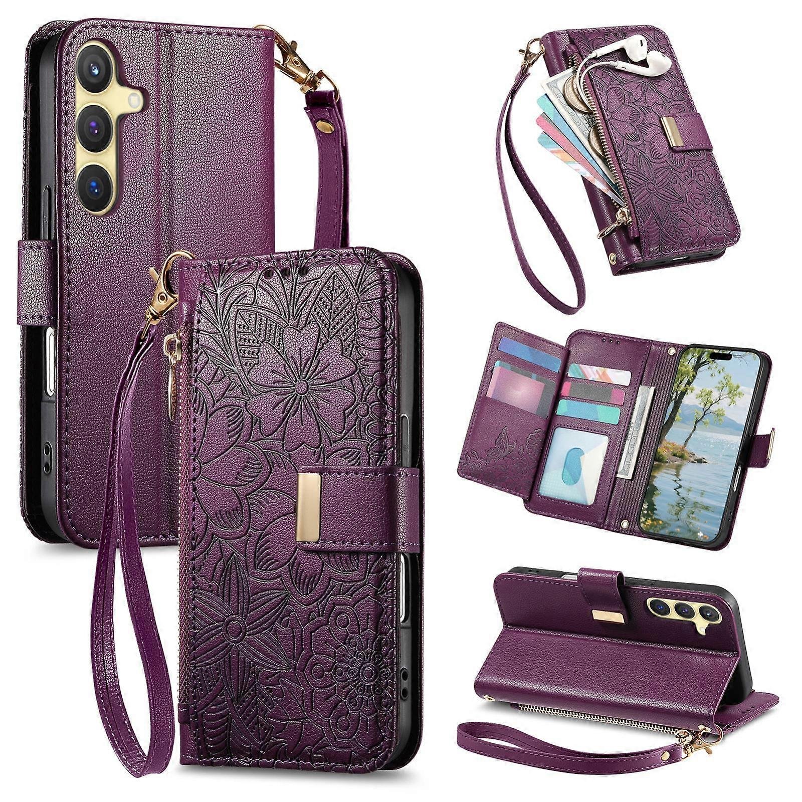 Kwiaty Liście Zamek błyskawiczny Portfel Skórzany futerał na telefon z paskiem For Samsung Galaxy S23 Ultra 5G