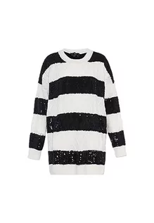 Swetry damskie - faina Damski sweter w paski, nieregularny sweter z cekinami, z okrągłym dekoltem, wełniany, rozmiar XL/XXL, biały (wollweiss), XL - grafika 1
