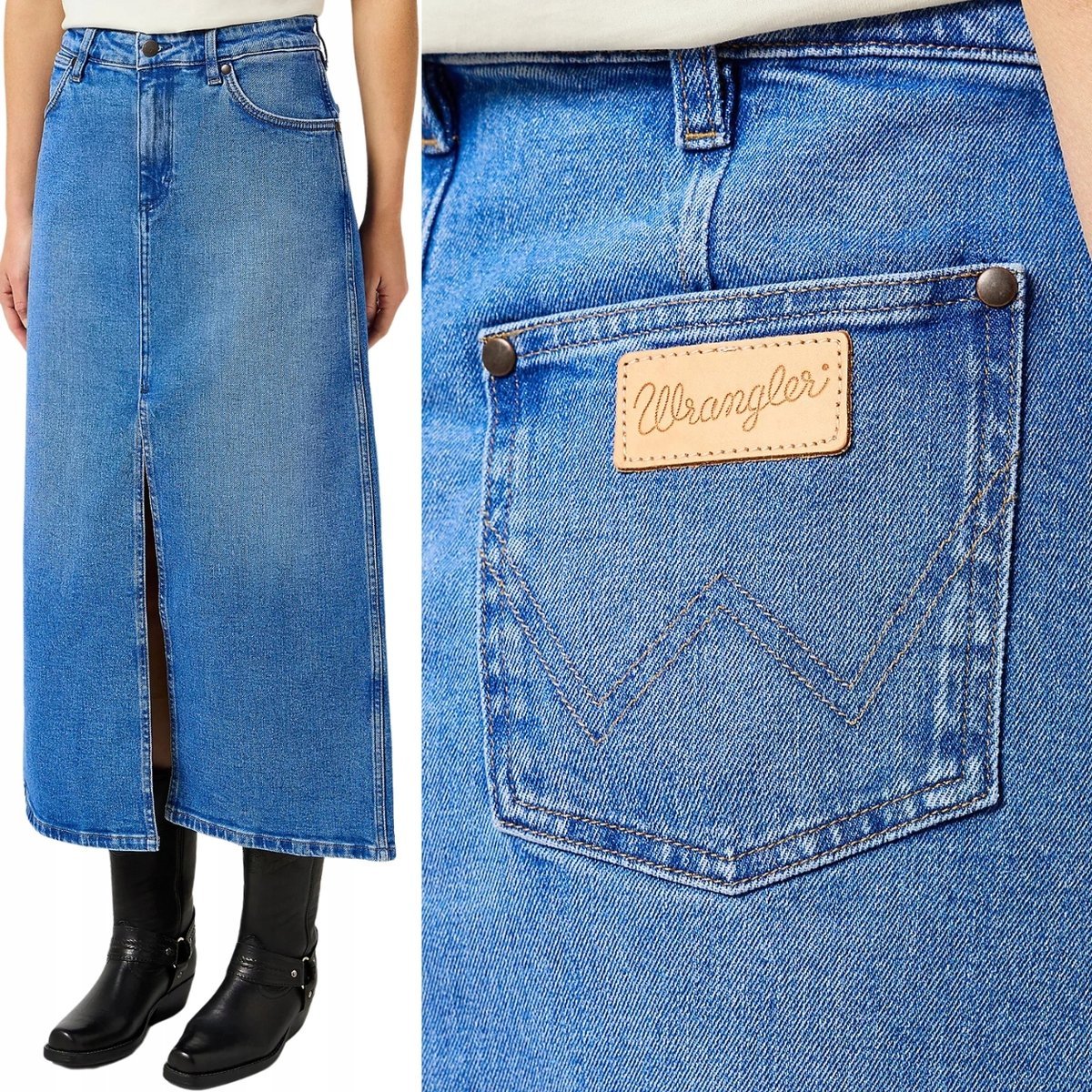 Wrangler DENIM MAXI SKIRT DŁUGA JEANSOWA SPÓDNICA ROZCIĘCIE Z PRZODU M