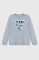 Bluzy dla dziewczynek - Guess bluza bawełniana dziecięca kolor niebieski z nadrukiem - miniaturka - grafika 1