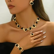 Inne - TEMU Zestaw 4-częściowy: Srebrny Modny Damski Naszyjnik, Kolczyki, Bransoletka i Pierścionek z Geometrycznym Owalnym Czarnym Akrylem, Spiralnym - miniaturka - grafika 1