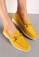 Mokasyny damskie - Żółte Mokasyny na Płaskiej Podeszwie z Przeszyciami i Ozdobną Klamerką Alenor - miniaturka - grafika 1