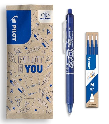 PILOT - Zestaw 1 Frixion Ball Clicker + 1 zestaw 3 wkładów - wysuwany długopis wymazywalny atramentem termoczułym - akumulatorowa i ergonomiczna rolka - Niebieski - Średnia końcówka