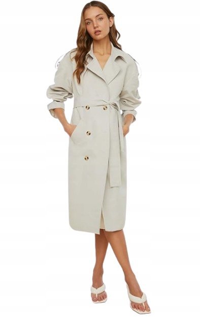 TRENDYOL SZARY PŁASZCZ KLASYCZNY Z PASKIEM DŁUGI RĘKAW 36 5_A