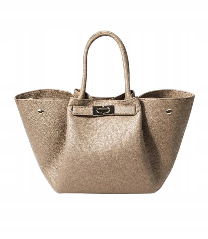 Torebka Damska Skóra Naturalna Shopper Elegancka Na Ramię Z Paskiem Beżowa