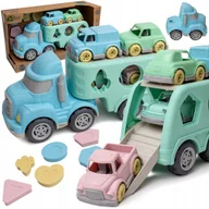 Samochody i pojazdy dla dzieci - CIĘŻARÓWKA LAWETA TRANSPORTER Z SAMOCHODZIKAMI + 4 AUTA Sorter Kształtów - miniaturka - grafika 1