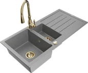 Zlewozmywaki z baterią - Mexen Andres zlewozmywak granitowy 1,5-komorowy z ociekaczem i baterią kuchenną Savita, szary - 6515-71-672601-50 - miniaturka - grafika 1