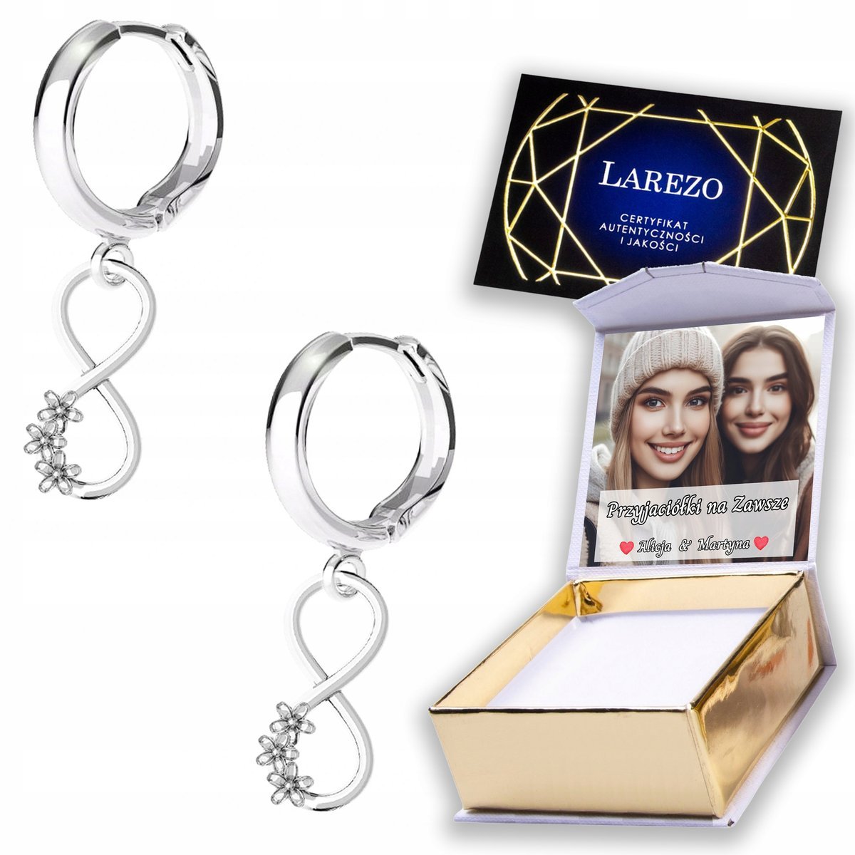 Kolczyki Srebrne 925 Nieskończoność Kwiatki Kwiaty Cyrkonie NADRUK