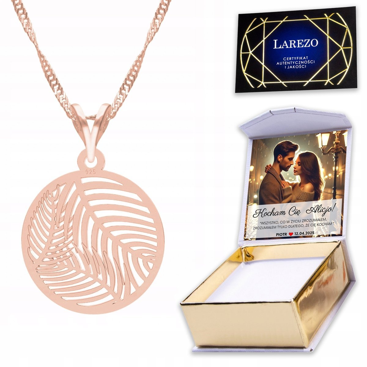 Naszyjnik Pozłacany 925 z Liśćmi Palmy Liście Drzewo Drzewko Palma + NADRUK