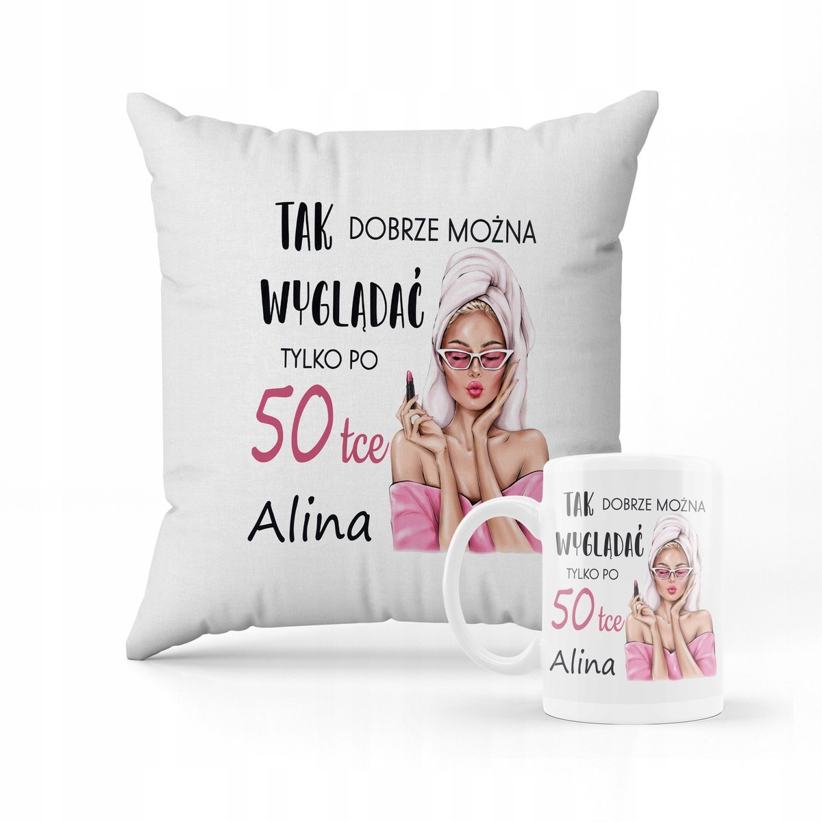 ZESTAW PODUSZKA + KUBEK Prezent na 50 urodziny + IMIĘ 2