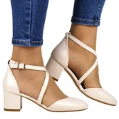 Czółenka - CZÓŁENKA SANDAŁY BUTY NA NISKIM OBCASIE SERGIO LEONE SK824 BEŻOWE PERŁOWE - miniaturka - grafika 1