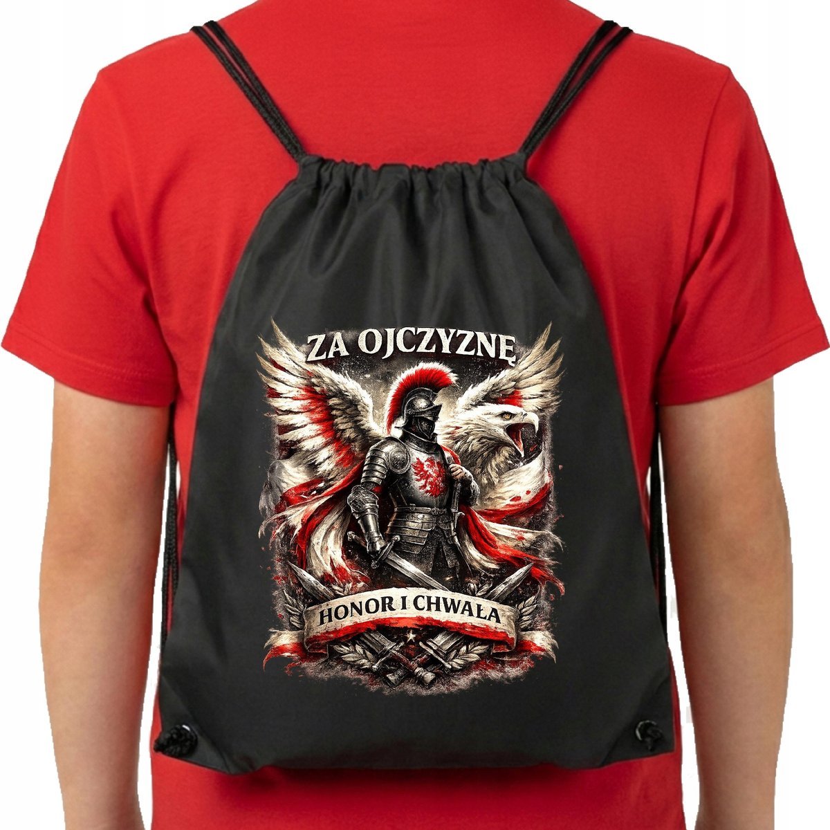 Patriotyczny Plecak Polska Godło Husaria Ojczyzna Honor Chwała F22 Czarny