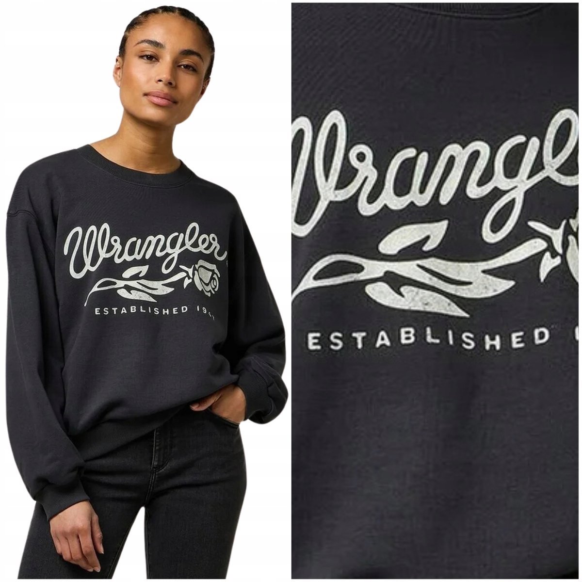 Wrangler OVERSIZED SWET Faded Black luźna bluza bawełniana damska z logo XS
