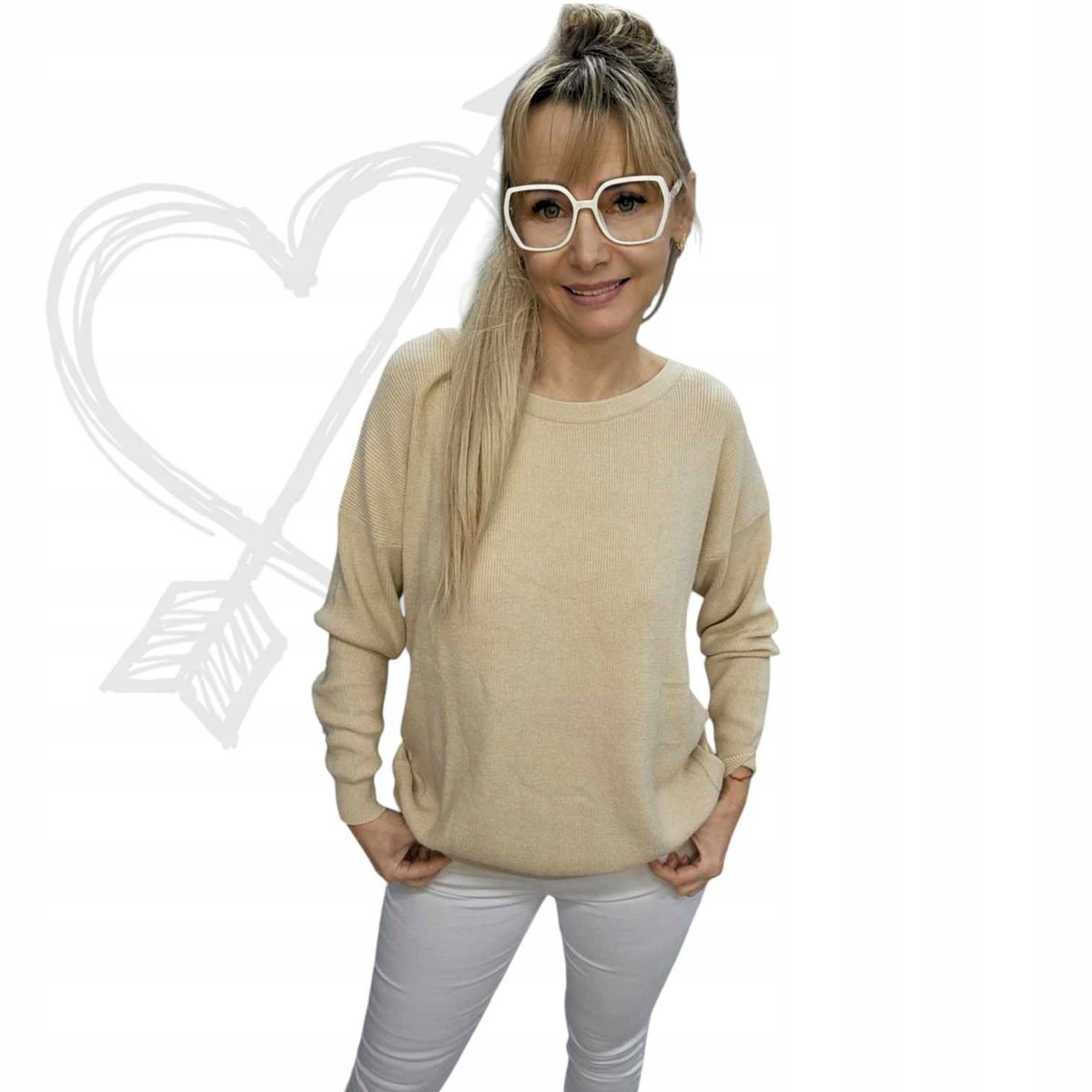 Luźny Sweter Bluzka z Długim Rękawem beż WISKOZA miękka 54 56 7XL 8XL