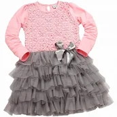 Sukienki - Sukienka KORONKA FALBANKA Tiul RÓŻ SZARA Długi Rękaw 104 - miniaturka - grafika 1