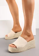 Klapki i japonki damskie - Beżowe Klapki na Plecionym Koturnie z Szerokim Paskiem Limasja - miniaturka - grafika 1