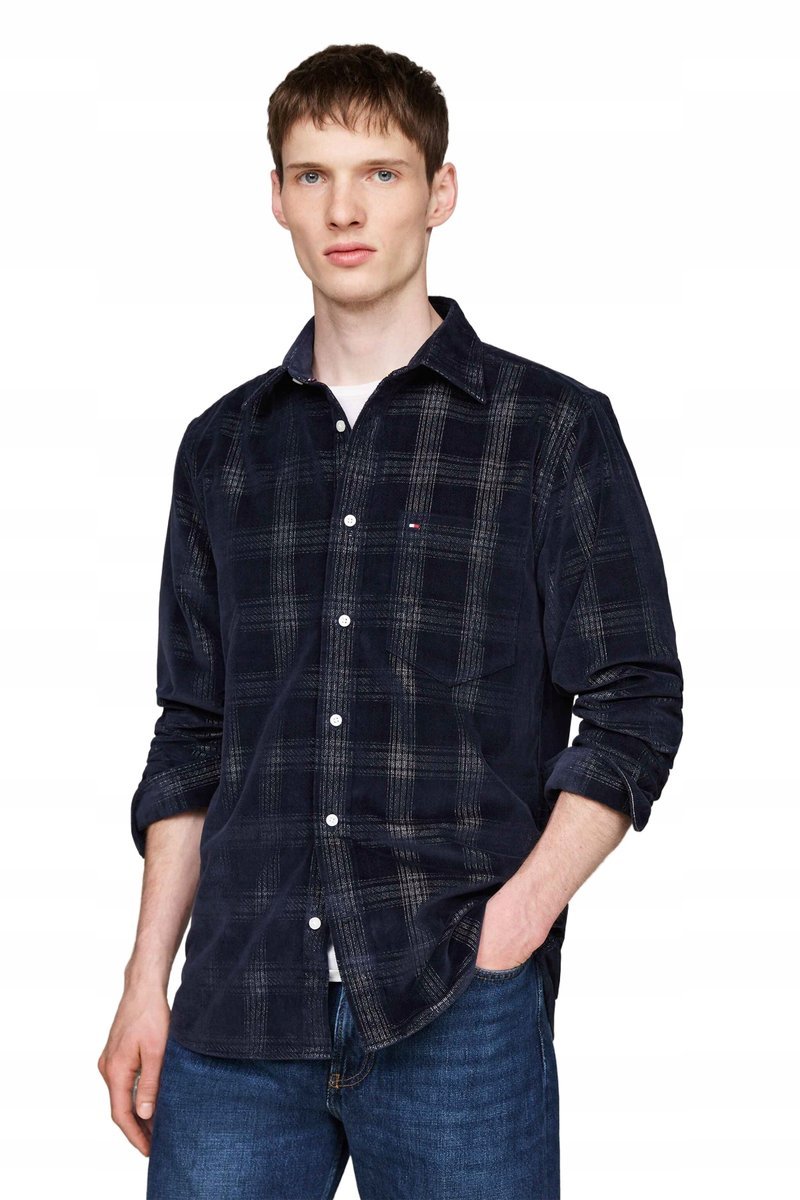 TOMMY HILFIGER GRANATOWA KOSZULA CASUAL W KRATĘ Z BAWEŁNY S XTA