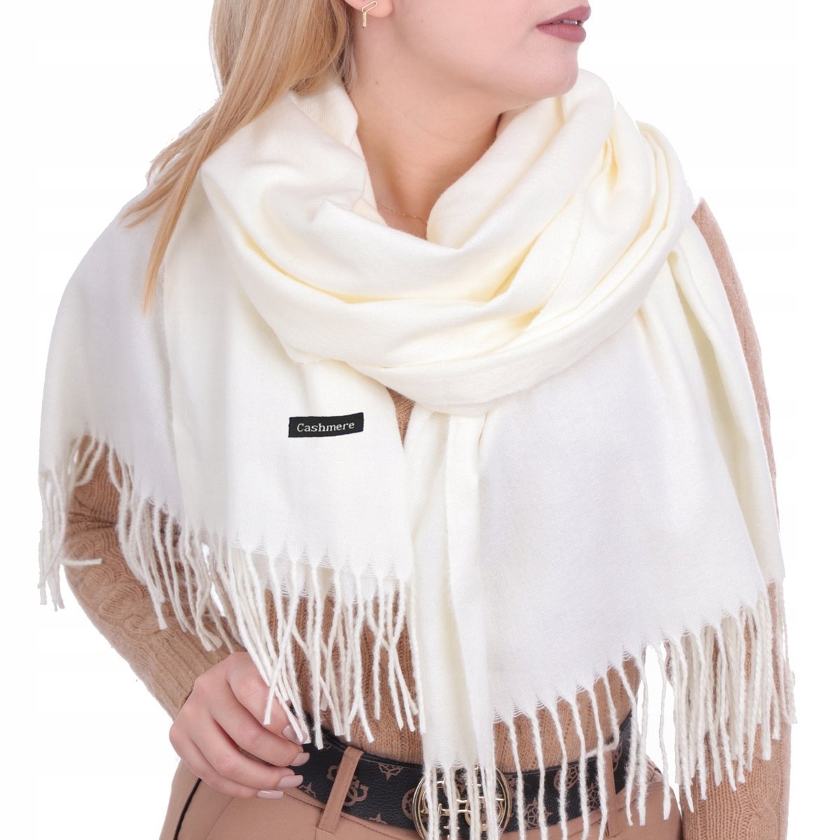 DELIKATNY SZAL DAMSKI SZALKI GŁADKI Ecru - Cream