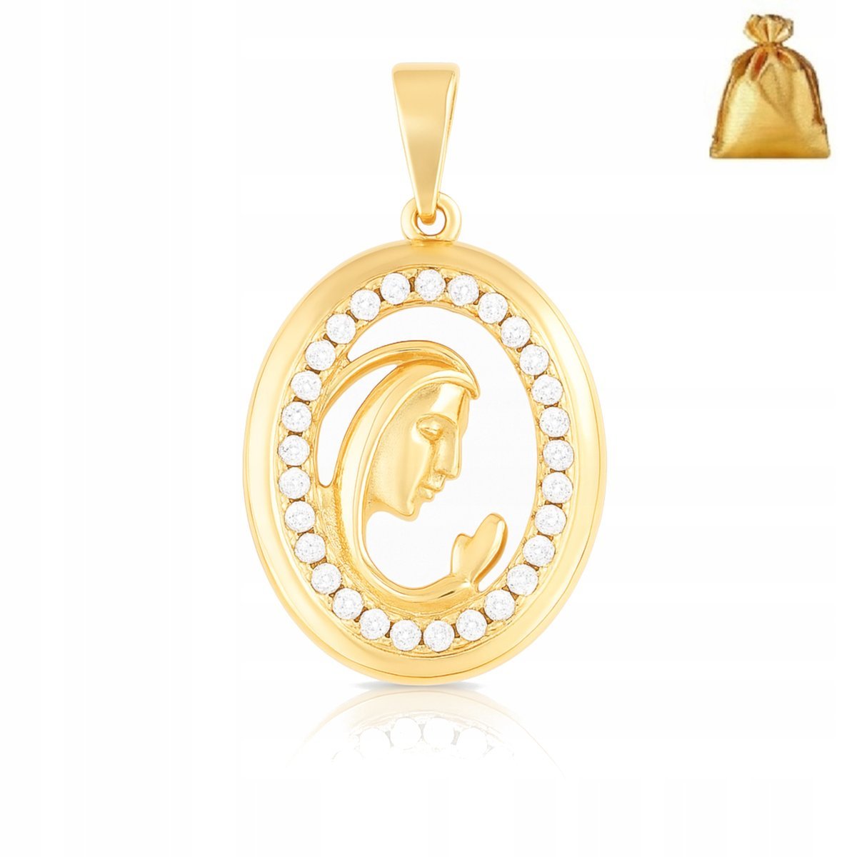 ZŁOTA ZAWIESZKA ZE STALI CHIRURGICZNEJ MATKA BOSKA Z CYRKONIAMI PREZENT