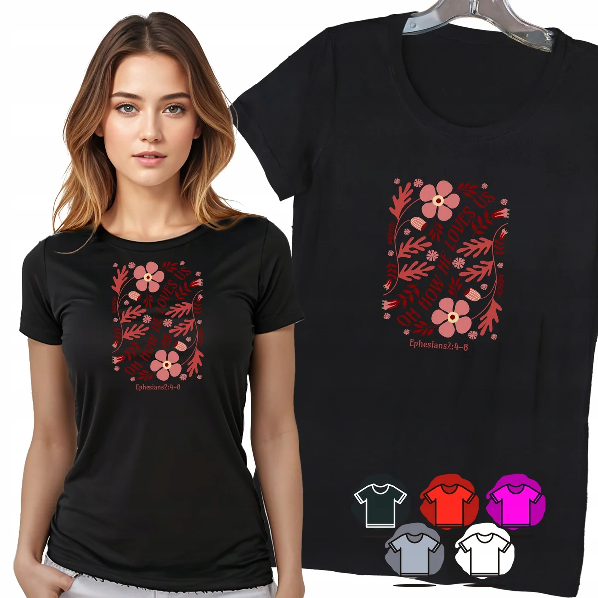 KOSZULKA DAMSKA T-SHIRT - KWIATY OH HOW HE LOVES US WIARA DLA NIEJ - XS