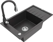 Zlewozmywaki z baterią - Mexen Elias zlewozmywak granitowy 1-komorowy z ociekaczem i baterią kuchenną Savita, czarny nakrapiany - 6511-76-672601-76 - miniaturka - grafika 1