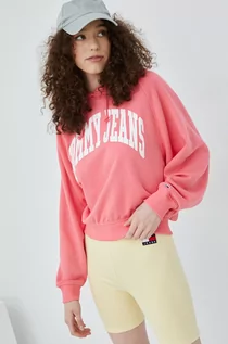 Bluzy damskie - Tommy Jeans bluza damska kolor różowy z kapturem z nadrukiem - grafika 1