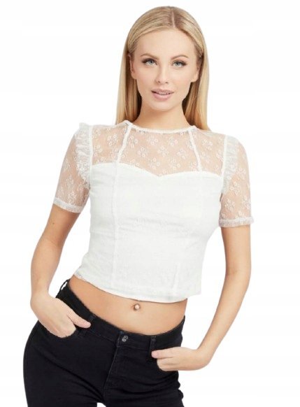 Guess Biała Ażurowa Bluzka z Krótkim Rękawem i Dekoltem Serce XL Gxb