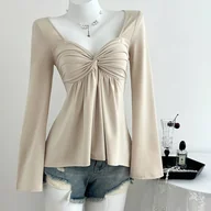 Bluzki damskie - TEMU Elegancka Bluzka z Skręconymi Rękawami Dzwonami - Jednokolorowy Top na Każdą Porę Roku z Węzłem, Średnio Elastyczny i Możliwość Prania w Pralce, - miniaturka - grafika 1