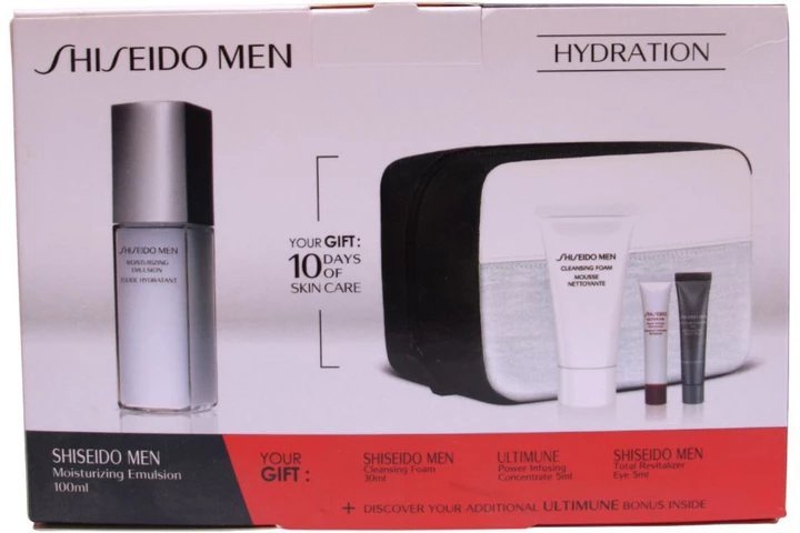 Gift Set Shiseido: Men, Moisturizing, Emulsion, For Face, 100 ml + Men, Cleansing, Cleansing Foam, 30 ml + Ultimune, Antioxidants, Hydrating & Repairing, Day & Night, Serum, For Face & Neck, 5 ml + Men, Toiletry, GWP Textile Pouch + Men, Anti-Ageing, Day