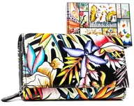 Portfele - Skórzany portfel damski Rovicky roślinny wzór codzienna portmonetka na karty z ochroną RFID, różnokolorowy fioletowy - miniaturka - grafika 1