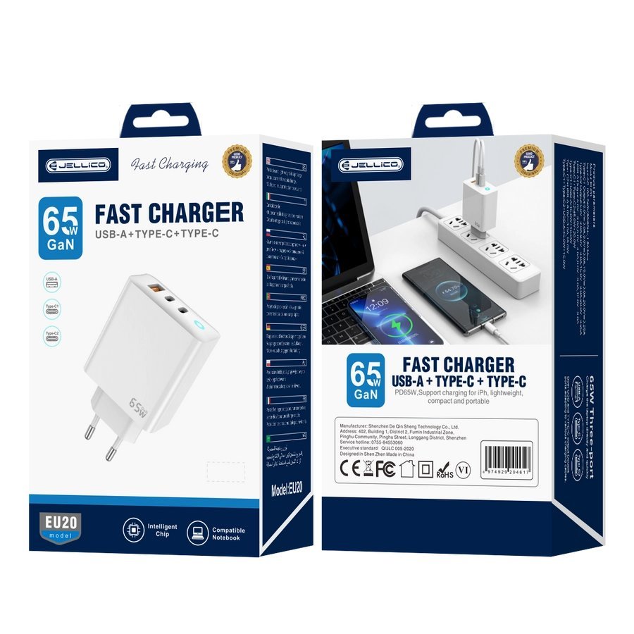 JELLICO ładowarka sieciowa - EU20 GaN PD 65W 2xUSB-C + 1xUSB QC3.0 biała