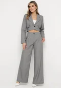 Komplety damskie - Szary Komplet Garniturowy z Krótką Marynarką i Szerokimi Spodniami w Paski Laoisetta - miniaturka - grafika 1