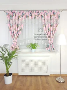 Firana gotowa z zasłonami ozdobiona różami- różowa, zestaw dekoracyjny - Firany - miniaturka - grafika 1