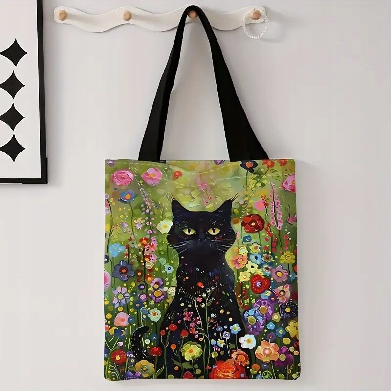 Torba Shopperka Tote Czarny Kot Polne Kwiaty Pole 40X34 Cm Płócienna Boho